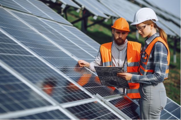 Engenheiros da Reluzo inspecionando painéis solares